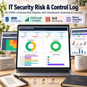 Könnte beinhalten: Eine digitale IT-Sicherheitsrisiko- und Kontrollprotokoll-Vorlage auf einem Laptop-Bildschirm, mit einem Executive-Dashboard, Diagrammen, einer 5x5-Risiko-Heatmap und KPI-Karten. Die Oberfläche zeigt Daten zu Risikokategorien und Behandlungsstrategien.