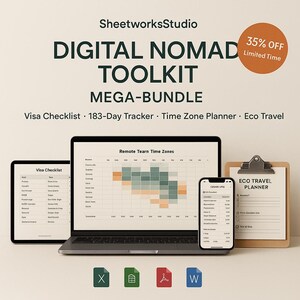 May include: A digital nomad toolkit mega-bundle featuring a laptop, tablet, and smartphone displaying charts and checklists. The image includes the text "DIGITAL NOMAD TOOLKIT MEGA-BUNDLE" and "35% OFF Limited Time". Also included is a clipboard with "ECO TRAVEL PLANNER".