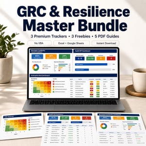 Könnte beinhalten: Ein Laptop mit Dashboards für Geschäftsdaten, gedruckten Zusammenfassungen und einer Kaffeetasse. Der Bildschirm zeigt Diagramme und Grafiken zur Geschäftskontinuität und zum Risikomanagement. Auf dem Bildschirm steht "GRC & Resilience Master Bundle".