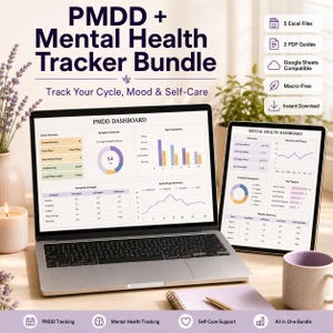 Peut inclure: Un ordinateur portable et une tablette affichent un tableau de bord de suivi de la santé mentale avec des graphiques. Le texte "PMDD + Mental Health Tracker Bundle" est en haut. Des icônes indiquent des fonctionnalités telles que des fichiers Excel et des guides PDF.