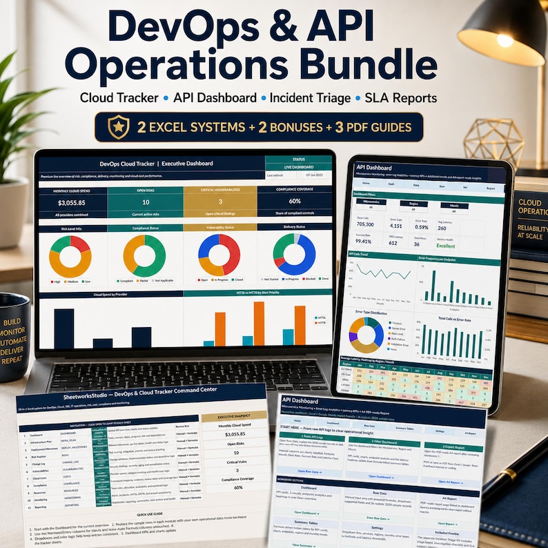 Pode incluir: Um pacote digital de DevOps e API Operations com dois sistemas Excel, dois b&ocirc;nus e tr&ecirc;s guias em PDF. A tela mostra um laptop e um tablet com pain&eacute;is, gr&aacute;ficos de pizza e de barras para rastreamento de nuvem e relat&oacute;rios de SLA.