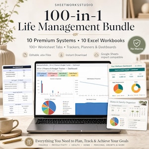 May include: A laptop displays a digital life management bundle with charts and graphs. The screen shows financial dashboards, wellness trackers, and a home organizer. The image includes the text "100-in-1 Life Management Bundle" and "Everything You Need to Plan, Track & Achieve Your Goals."