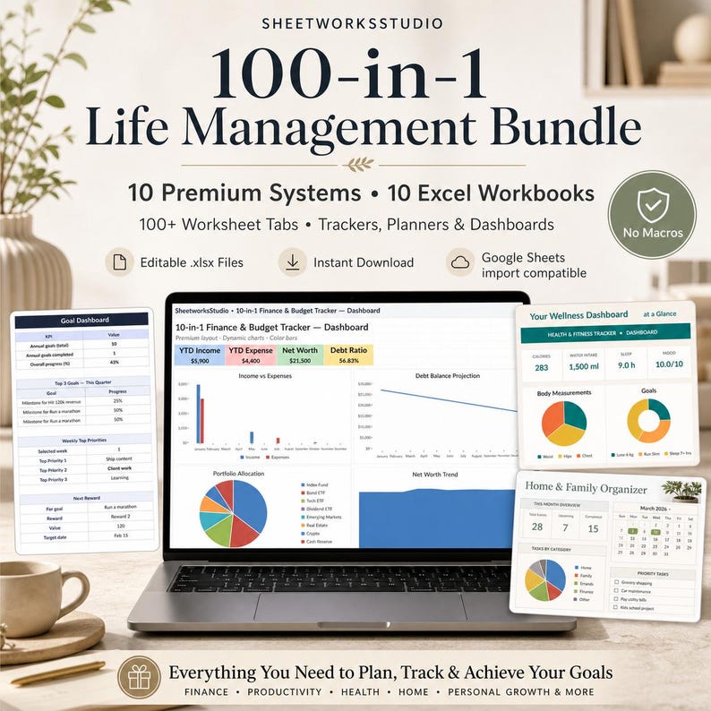 May include: A laptop displays a digital life management bundle with charts and graphs. The screen shows financial dashboards, wellness trackers, and a home organizer. The image includes the text "100-in-1 Life Management Bundle" and "Everything You Need to Plan, Track & Achieve Your Goals."