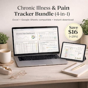 Chronic Pain + Migraine & Headache Tracker Bundle (4-in-1) | Gastroparesis and Digestive Log + Low-FODMAP | Excel/Sheets + PDF Guides