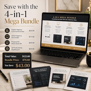 Könnte beinhalten: Ein Laptop zeigt eine 4-in-1 Mega Bundle Werbung mit vier digitalen Tools: Digital Agency Command Center, UX/UI Agency OS Toolkit, Proposal & Pitch Deck Kit und AI Productivity Dashboard, begleitet von vier gedruckten Broschüren.