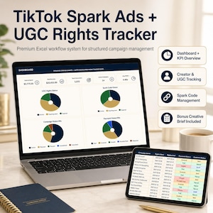 Könnte beinhalten: Ein digitales Dashboard auf einem Laptop- und Tablet-Bildschirm mit dem Titel TikTok Spark Ads + UGC Rights Tracker. Die Benutzeroberfläche zeigt Kreisdiagramme, Datentabellen und Kennzahlen für Kampagnenmanagement und Tracking.