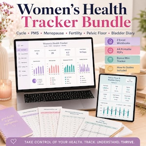 May include: A laptop and tablet display a "Women's Health Tracker Bundle" with cycle, PMS, menopause, fertility, pelvic floor, and bladder diary information. The bundle includes Excel workbooks, printable PDFs, a mini tracker, and how-to guides. A notebook with the text "your health is your superpower" is also visible.