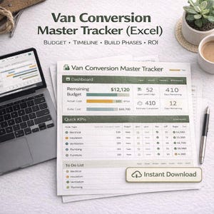 Planificador de conversión de furgonetas en Excel | Planificador de conversión de autocaravanas con presupuesto y ROI | Plantilla compatible con Hojas de Cálculo de Google