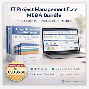 IT Projektmanagement MEGA-Bundle Excel – 4-in-1 Projekt, Software, DevOps & Portfolio Tracker mit Dashboard und Freebies