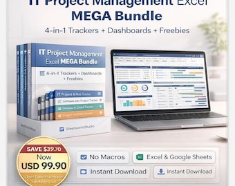 IT Project Management Excel MEGA-Bundle – 4-in-1 Project, Software, DevOps & Portfolio Tracker with Dashboard and Freebies