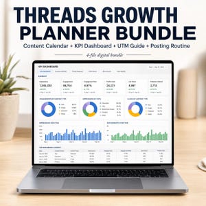 May include: A laptop displaying a digital marketing dashboard with the text "THREADS GROWTH PLANNER BUNDLE." The screen shows data visualizations, charts, and graphs related to content calendar, KPI dashboard, and UTM guide. The laptop is open on a desk.