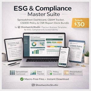 ESG Dashboard, CBAM Tracker, CSDDD Policy Template | Excel Word PowerPoint Bundle | Sustainability & Compliance Toolkit