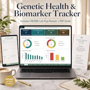 May include: A laptop screen showing a "Genetic Health & Biomarker Tracker" dashboard, alongside a tablet displaying a lab prep planner. A printed PDF guide is also present. A coffee cup and pen are also visible.