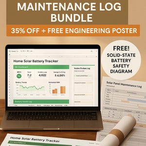 Könnte beinhalten: Ein Laptop mit einer Tabelle zur Solarbatterieverfolgung, mit Diagrammen und Daten. Das Bild zeigt auch ein aufgerolltes technisches Poster und ein gedrucktes Wartungsprotokoll für Solarmodule. Text: "Maintenance Log Bundle" und "35% Off + Free Engineering Poster".