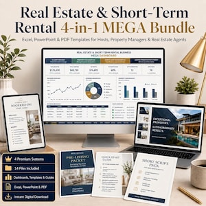Immobilien & Kurzzeitvermietung MEGA Bundle | 4-in-1 Excel, PowerPoint und PDF Vorlagen für Airbnb und Property Manager