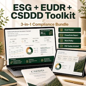 Könnte beinhalten: Ein digitales Compliance-Toolkit-Paket mit ESG-, EUDR- und CSDDD-Dokumentation. Das Display zeigt einen EUDR-Lieferanten-Due-Diligence-Tracker auf einem Laptop und einen ESG-Bericht auf einem Tablet sowie ein CSDDD-Due-Diligence-Richtliniendokument.
