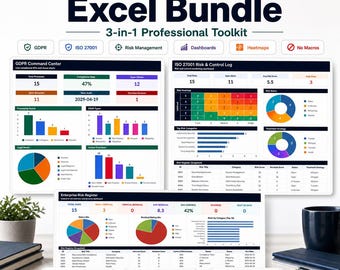 Könnte beinhalten: Ein professionelles 3-in-1-Toolkit für Governance und Compliance mit Dashboards und Heatmaps. Das Bild zeigt Datenvisualisierungen, einschließlich Diagrammen und Grafiken, mit dem Text "Governance & Compliance Excel Bundle".