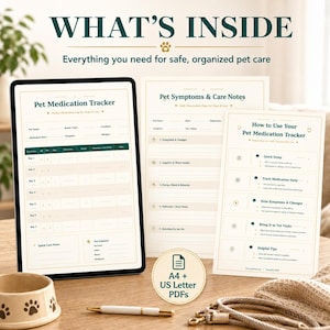 May include: A digital tablet and printed pages with pet care forms, including a medication tracker and symptom notes. The forms are labeled "Pet Medication Tracker", "Pet Symptoms & Care Notes", and "How to Use Your Pet Medication Tracker". A pen, a pet bowl, and a leash are also visible.