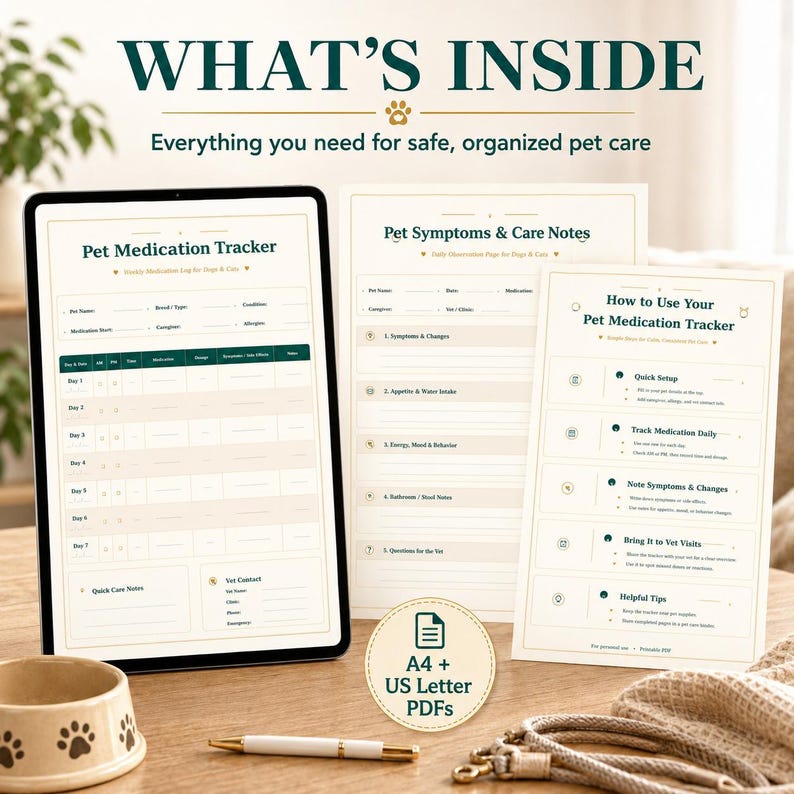 May include: A digital tablet and printed pages with pet care forms, including a medication tracker and symptom notes. The forms are labeled "Pet Medication Tracker", "Pet Symptoms & Care Notes", and "How to Use Your Pet Medication Tracker". A pen, a pet bowl, and a leash are also visible.