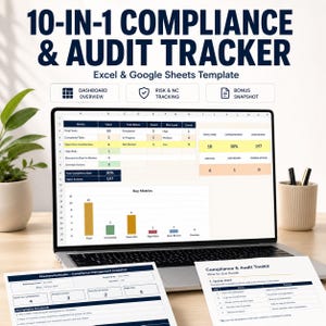 Könnte beinhalten: Ein Laptop zeigt eine Vorlage für Compliance- und Audit-Tracking. Der Bildschirm zeigt Datentabellen und Diagramme mit dem Text "10-IN-1 COMPLIANCE & AUDIT TRACKER". Begleitende Dokumente und ein Stifthalter sind ebenfalls sichtbar.