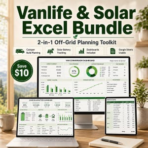 Könnte beinhalten: Ein digitales Toolkit für Off-Grid-Living, mit Laptop, Monitor und Tablet, die Dashboards für den Umbau von Transportern und die Solarbatterieverfolgung anzeigen. Der Text "Vanlife & Solar Excel Bundle" und "2-in-1 Off-Grid Planning Toolkit" ist sichtbar.