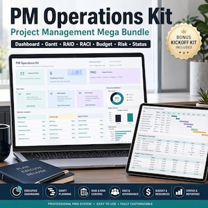 May include: A laptop and tablet showing project management dashboards, part of a "PM Operations Kit" bundle. The screens display Gantt charts, budget overviews, and status reports. A notebook with "Plan Execute Deliver" is in the foreground.
