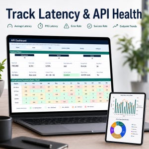 Pode incluir: Um computador port&aacute;til e um tablet exibem um painel de API com o texto Track Latency & API Health. Os ecr&atilde;s mostram tabelas de dados, mapas de calor e gr&aacute;ficos para m&eacute;tricas como lat&ecirc;ncia m&eacute;dia, taxa de erro e taxa de sucesso.