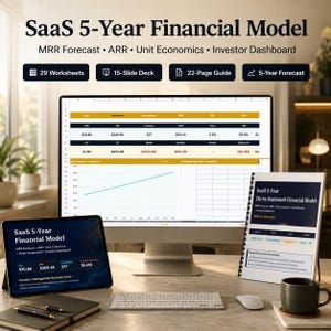 SaaS Financial Model Excel | 5-Year Three Statement Forecast, MRR & ARR, Cash Flow, Unit Economics, Investor PowerPoint + PDF
