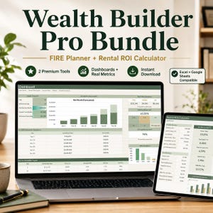 May include: A laptop and tablet displaying financial dashboards and charts. The screen shows the text "Wealth Builder Pro Bundle" and "FIRE Planner + Rental ROI Calculator". Additional icons indicate "2 Premium Tools", "Dashboards + Real Metrics", "Instant Download", and "Excel + Google Sheets Compatible".