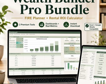 Może przedstawiać: Laptop i tablet wyświetlające pulpity nawigacyjne i wykresy finansowe. Ekran wyświetla tekst "Wealth Builder Pro Bundle" i "FIRE Planner + Rental ROI Calculator". Dodatkowe ikony wskazują "2 Premium Tools", "Dashboards + Real Metrics", "Instant Download" i "Excel + Google Sheets Compatible".