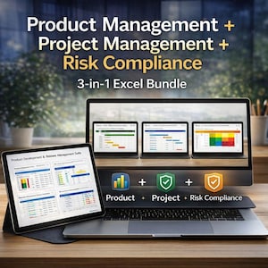 May include: A laptop, tablet, and monitor display Excel spreadsheets with project management data. The image includes the text "Product Management + Project Management + Risk Compliance" and "3-in-1 Excel Bundle". The bottom of the image shows the words "Product", "Project", and "Risk Compliance".