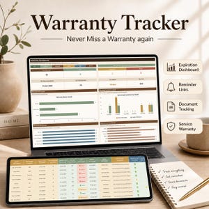 Puede incluir: Un rastreador de garantía digital mostrado en la pantalla de una computadora portátil y una tableta. La interfaz presenta un panel con gráficos, diagramas y tablas para realizar un seguimiento de fechas de vencimiento y garantías.
