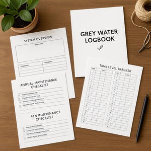 Grauwasser System Logbuch zum Ausdrucken | A4 & US Letter | pH-Tabelle, TDS-Tracker, Filterwechsel, Jahres-Checkliste