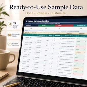 K&ouml;nnte beinhalten: Ein Laptop-Bildschirm zeigt eine AI Content Disclosure Quick Log-Tabelle mit 15 Beispielzeilen, Dropdown-Feldern und einer bearbeitbaren Struktur. Das Dashboard enth&auml;lt Spalten f&uuml;r Datum, Plattform, Asset-Name, Dateityp und Offenlegungsstatus.