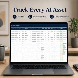 K&ouml;nnte beinhalten: Ein Laptop-Bildschirm zeigt eine AI Asset Register-Tabelle mit Spalten f&uuml;r Asset-ID, Name, Dateityp, Erstellungsdatum, Quelltool, KI-generiert, Beschreibung, Zeitstempel, Signatur, Manifest, &uuml;bergeordnetes Asset, Region, Lizenz und Compliance-Status.