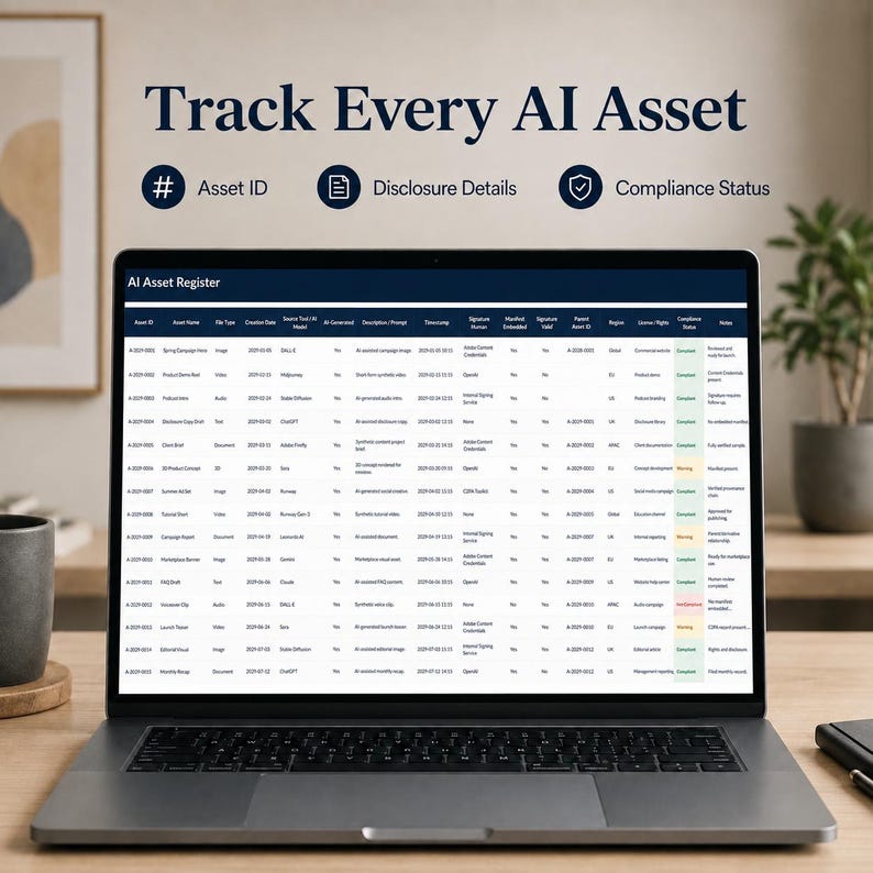 K&ouml;nnte beinhalten: Ein Laptop-Bildschirm zeigt eine AI Asset Register-Tabelle mit Spalten f&uuml;r Asset-ID, Name, Dateityp, Erstellungsdatum, Quelltool, KI-generiert, Beschreibung, Zeitstempel, Signatur, Manifest, &uuml;bergeordnetes Asset, Region, Lizenz und Compliance-Status.