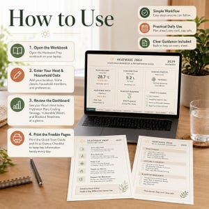 May include: A laptop displays the "Heatwave Prep" dashboard with temperature and hydration data. Accompanying it are printed guides and checklists for heat preparedness, including "Quick Start Guide" and "At-a-Glance Checklist". The text "How to Use" is at the top.
