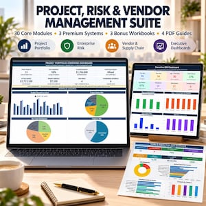 Puede incluir: Una suite digital de gestión de proyectos, riesgos y proveedores mostrada en la pantalla de un portátil, una tableta y un documento impreso. Las pantallas muestran varios paneles con gráficos, diagramas y tablas de datos detallados.