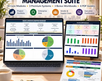 May include: A digital project, risk, and vendor management suite displayed on a laptop screen, a tablet, and a printed document. The screens show various dashboards with charts, graphs, and data tables labeled Project Portfolio and Executive ERM.