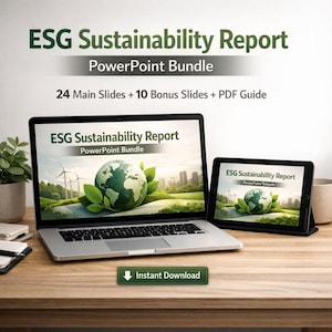 Plantilla de PowerPoint para Informe de Sostenibilidad ESG | Paquete de Presentación de RSC | 24+10 Diapositivas | Panel de KPI, Matriz de Materialidad, Mapeo de ODS