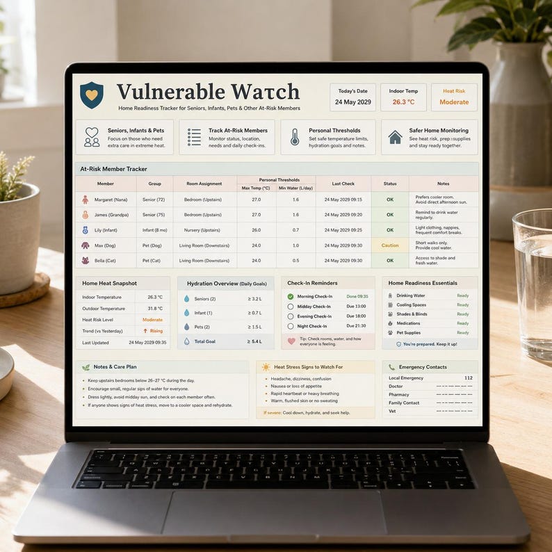 May include: A laptop screen displays the "Vulnerable Watch" home readiness tracker. The interface shows indoor temperature at 26.3&deg;C, and a moderate heat risk level. The tracker monitors seniors, infants, pets, and other at-risk members.