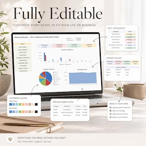 May include: A laptop displays a business and productivity tracker with charts and graphs. The screen shows financial data, including income, expenses, and net worth. The text "Fully Editable" and "Customize every detail to fit your life or business" are at the top.