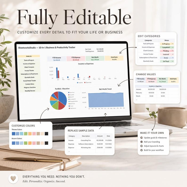 May include: A laptop displays a business and productivity tracker with charts and graphs. The screen shows financial data, including income, expenses, and net worth. The text "Fully Editable" and "Customize every detail to fit your life or business" are at the top.
