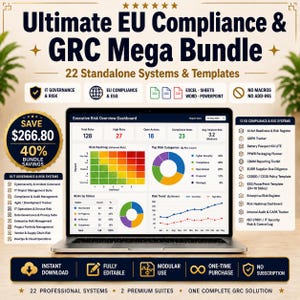 Op de afbeelding: Een laptop met een Executive Risk Overview Dashboard met grafieken en datatabellen. De omringende tekst bevat Ultimate EU Compliance & GRC Mega Bundle, 22 Standalone Systems & Templates en lijsten met diverse IT-governance en risicobeheertools.