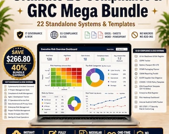 May include: A laptop displaying an Executive Risk Overview Dashboard with charts, graphs, and data tables. The surrounding text includes Ultimate EU Compliance & GRC Mega Bundle, 22 Standalone Systems & Templates, and lists of various IT governance and risk management tools.