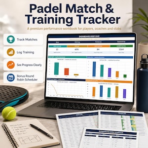 May include: A Padel Match & Training Tracker workbook displayed on a laptop screen, featuring data dashboards, charts, and logs. Includes a spiral-bound notebook with handwritten notes, a pen, a yellow tennis ball, and a dark blue water bottle.