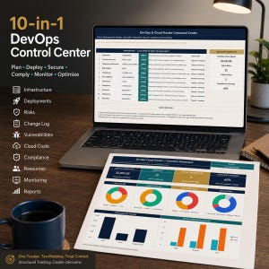 Pode incluir: Um port&aacute;til exibindo um painel de controlo 10-em-1 DevOps Control Center com navega&ccedil;&atilde;o para infraestrutura, riscos e custos de nuvem. Uma folha impressa mostra um painel executivo com gr&aacute;ficos coloridos para monitoriza&ccedil;&atilde;o e relat&oacute;rios.