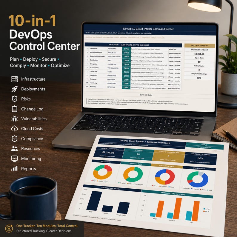 Pode incluir: Um port&aacute;til exibindo um painel de controlo 10-em-1 DevOps Control Center com navega&ccedil;&atilde;o para infraestrutura, riscos e custos de nuvem. Uma folha impressa mostra um painel executivo com gr&aacute;ficos coloridos para monitoriza&ccedil;&atilde;o e relat&oacute;rios.