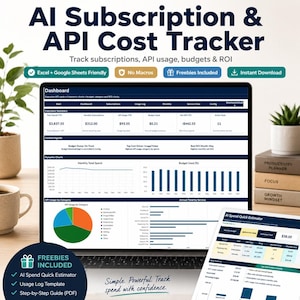 May include: A laptop displaying a dashboard with financial data, charts, and graphs. The screen shows subscription tracking, API usage, and budget information. The text reads "AI Subscription & API Cost Tracker". Includes freebies and is Excel and Google Sheets friendly.
