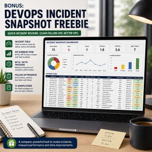 May include: A laptop screen displays an Incident Snapshot Dashboard with metrics, a pie chart, a line graph, and a bar chart. Text includes BONUS: DEVOPS INCIDENT SNAPSHOT FREEBIE, QUICK INCIDENT REVIEWS, CLEAR FOLLOW-UPS, BETTER OPS, and an incident table.